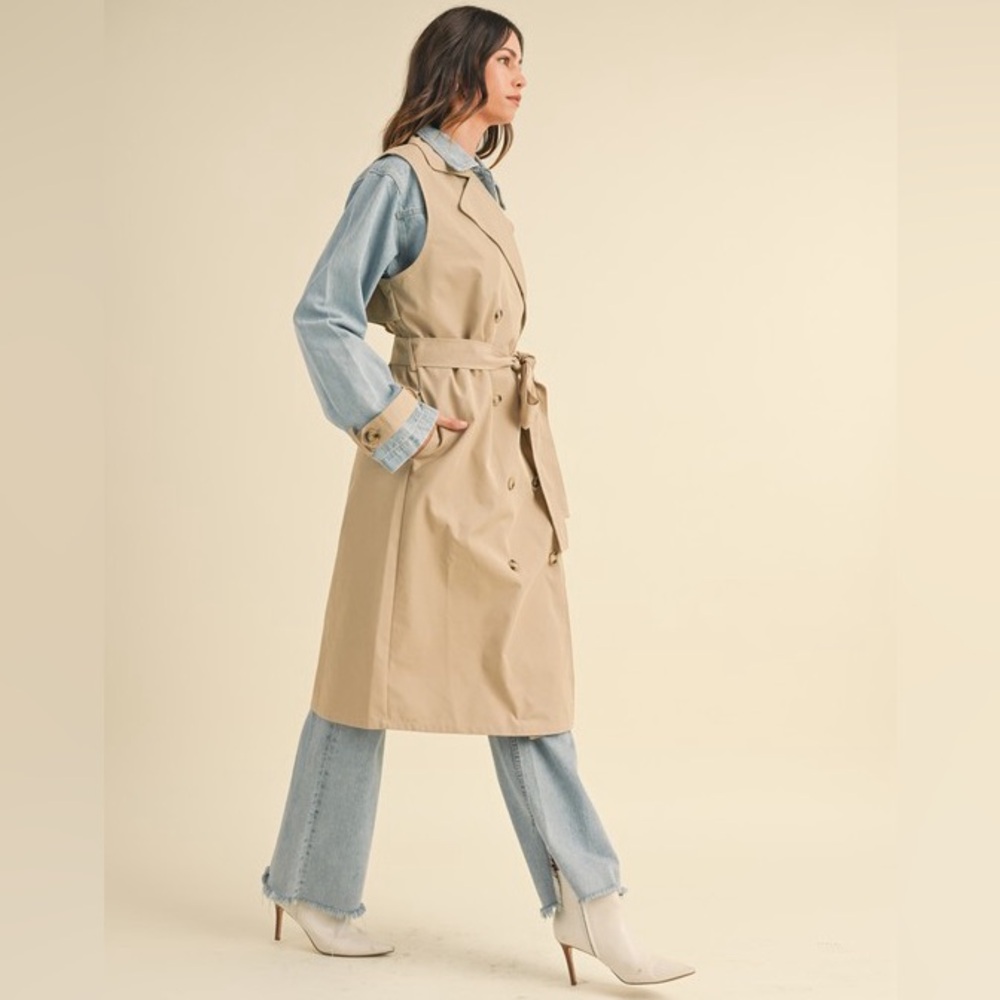 Layered Trench Coat with Denim Jacket Size M Tan Blue Outerwear Classic Neutral - Picture 2 of 12